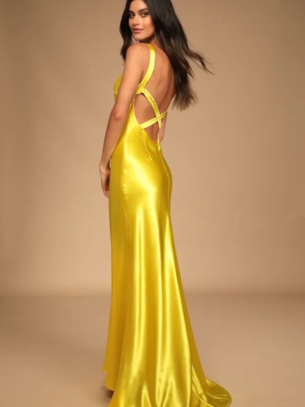 Lulus Satin Backless Maxi Dress in Yellow
